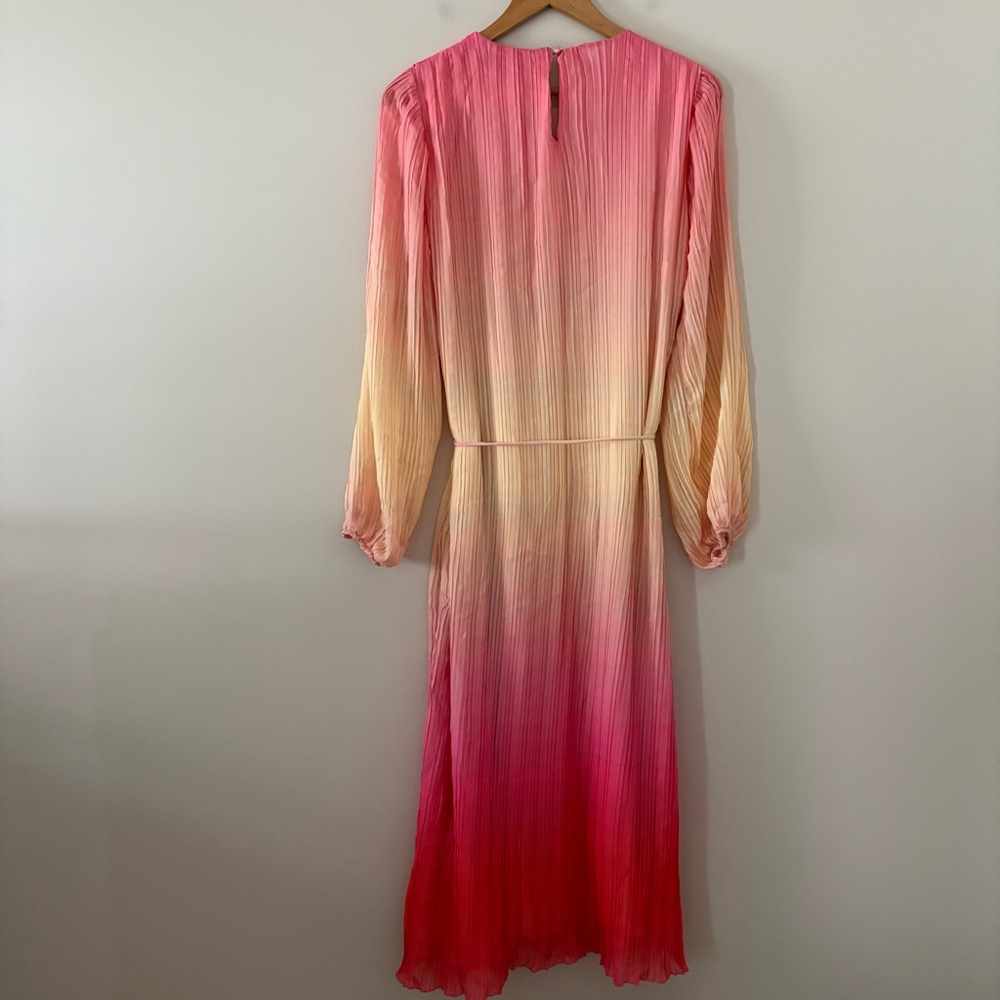 New Something Navy Maxi Dress‎ Pleated Tie Waist Long Sleeve pink combo ombré M - Picture 6 of 15